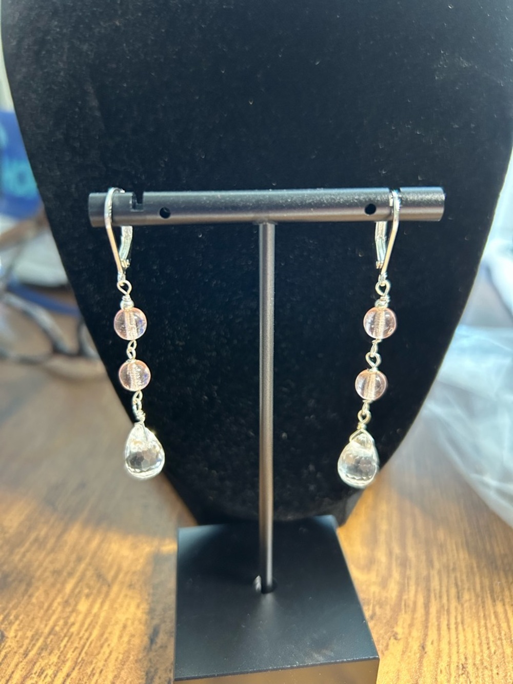 Delicate Pink Glass Bead Drop Earrings with Clear Teardrop handmade